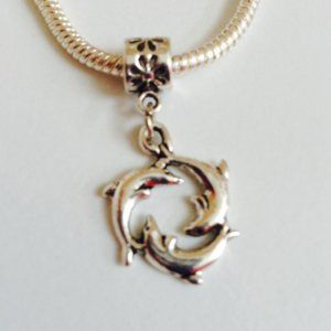 “DOLPHINS” Sterling Silver Plated Dangling Charm For European Style Bracelets